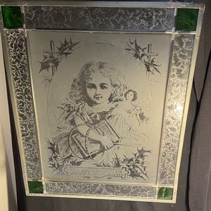 Victorian Etched Glass Art with Green Stained Glass Accents
